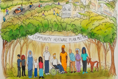 A close-up of part of Andy Council's artwork. This is a hand-drawn image depicting a group of people surrounded by trees, beneath a banner that reads 